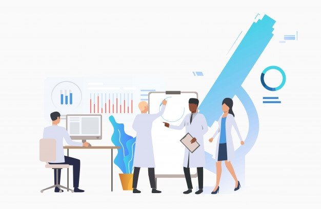 Marketing Digital na Saúde: ilustração representando médicos analisando dados